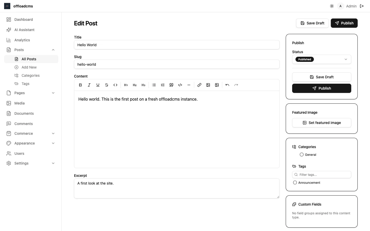 The offloadcms post editor: title and slug fields, a rich-text toolbar, and a sidebar with publish status, featured image, categories, tags, and custom fields.